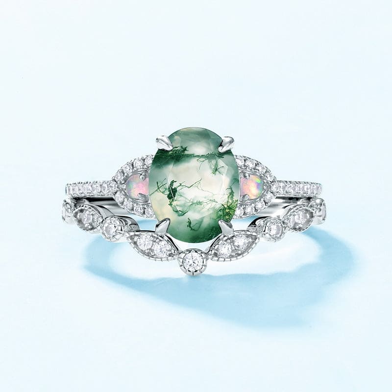 Ensemble Bague avec Agate Mousse Ovale et Diamants - Argent Sterling S925