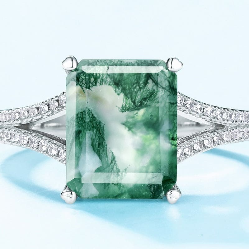 Bague Halo Diamants Agate Mousse Naturelle Taille Coussin - Argent Sterling S925