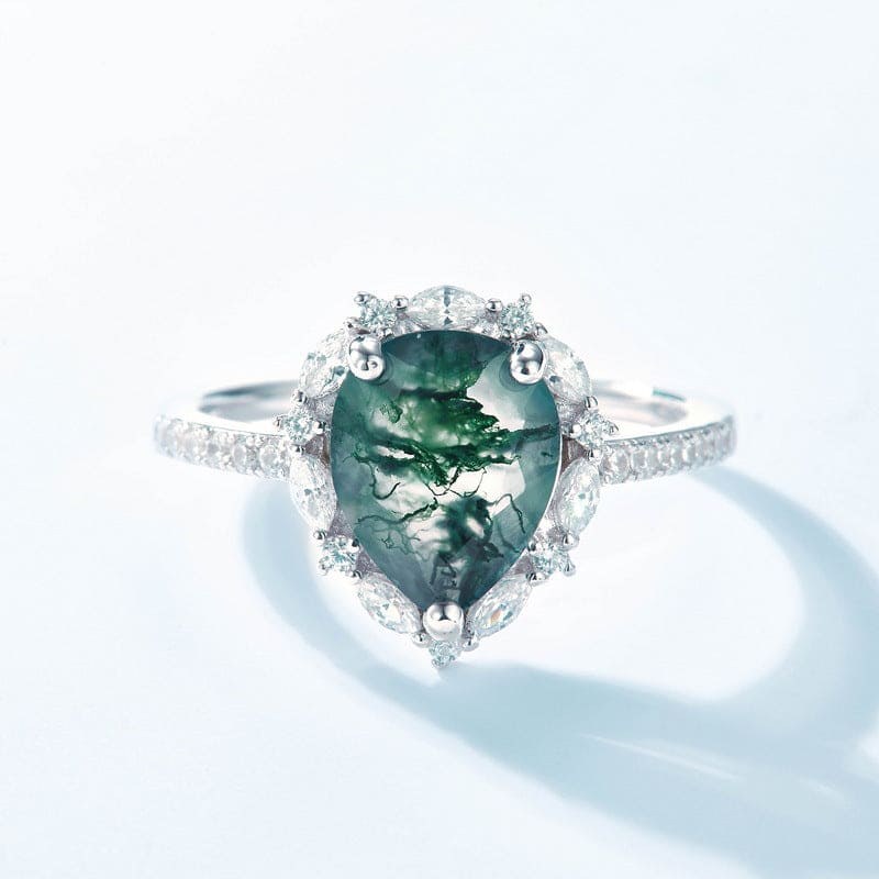 Bague Halo Diamants Agate Mousse Naturelle Taille Marquise - Argent Sterling S925