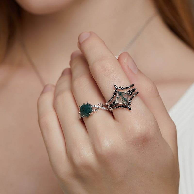 Bague hexagonale en agate mousse naturelle avec détail diamant - Argent Sterling S925