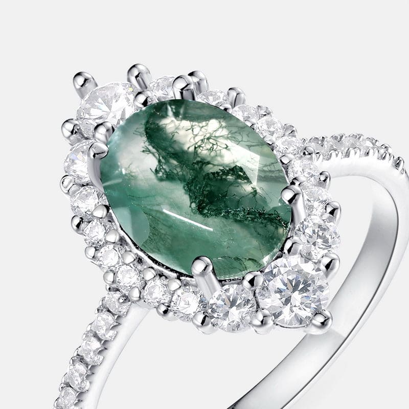 Bague Halo Ovale en Agate Mousse Naturelle - Argent Sterling S925