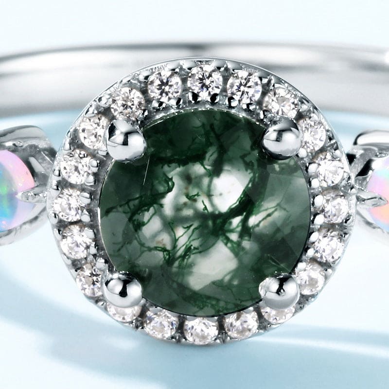 Halo Bague Ronde Agate Mousse Naturelle Opalescente - Argent Sterling S925