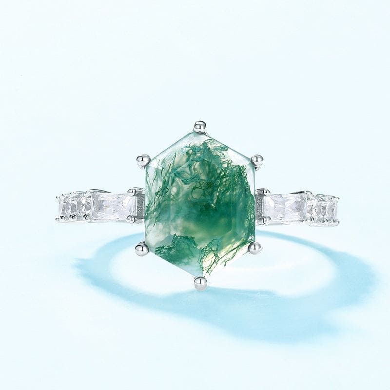 Bague accentuée baguette en agate mousse naturelle hexagonale - Argent Sterling S925