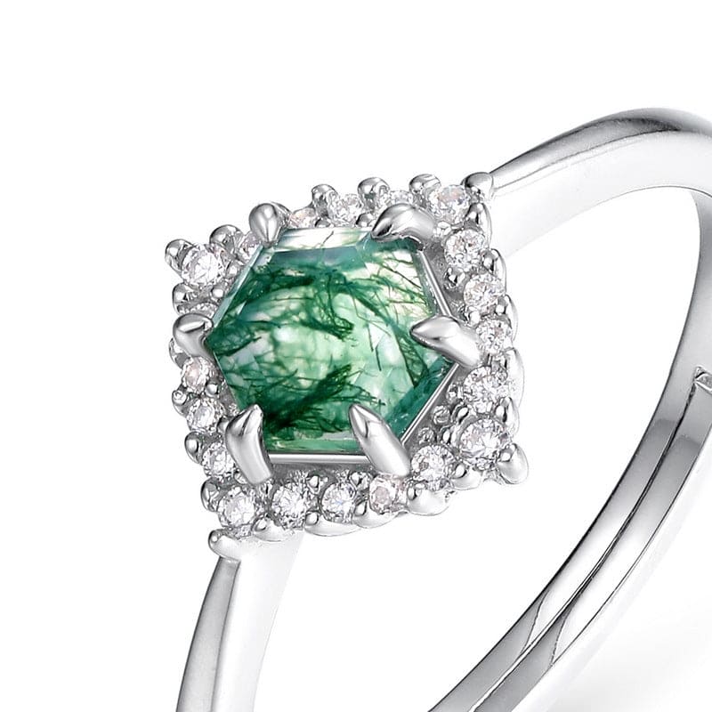 Bague Halo Diamant Agate Mousse Naturelle Hexagonale - Argent Sterling S925