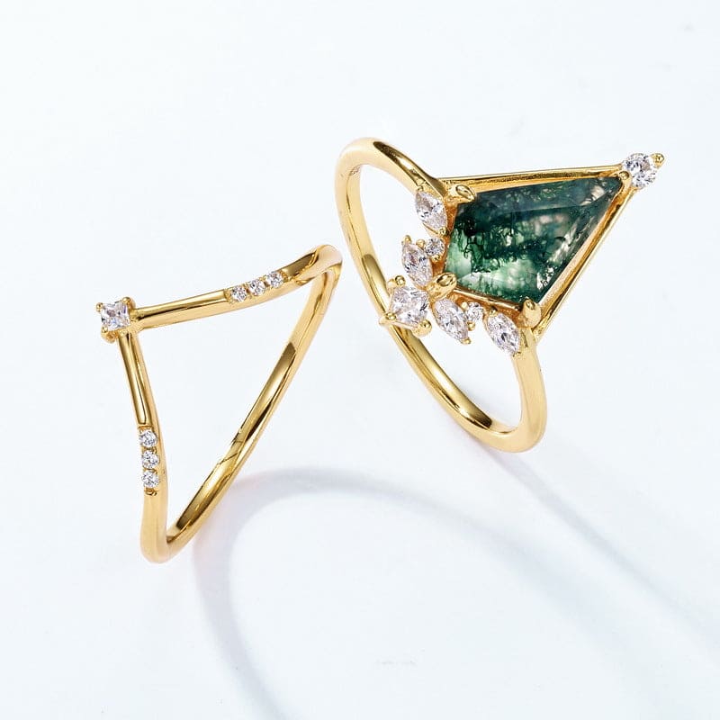 Ensemble Bague Pyramide Agate Mousse Triangulaire Accent Diamant - Argent Sterling S925