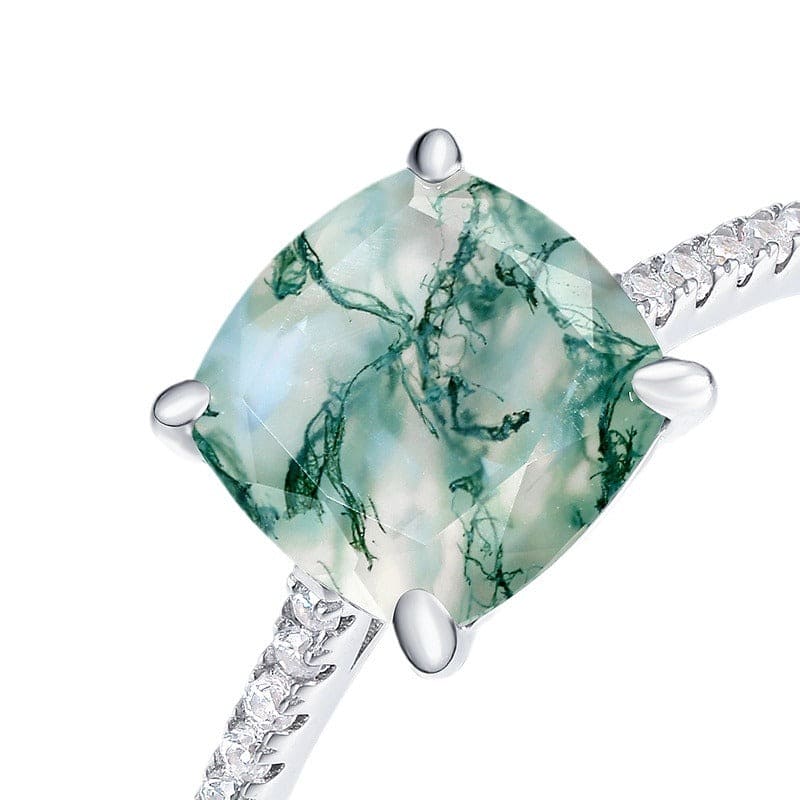 Bague pavée en argent sterling S925 avec agate mousse naturelle taille coussin