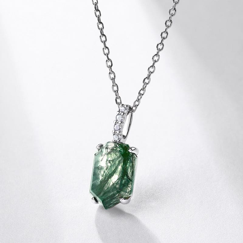 Collier Pendentif Colonne Agate Mousse Naturelle Coupe Cercueil - Argent Sterling S925