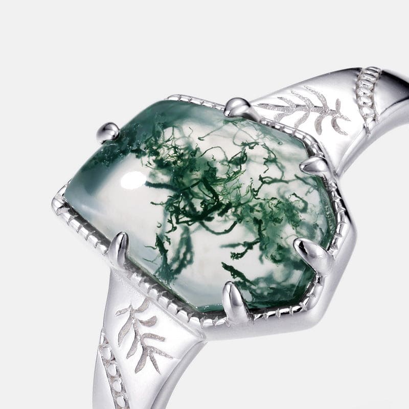Bague coussin en agate mousse naturelle motif feuille - Argent Sterling S925