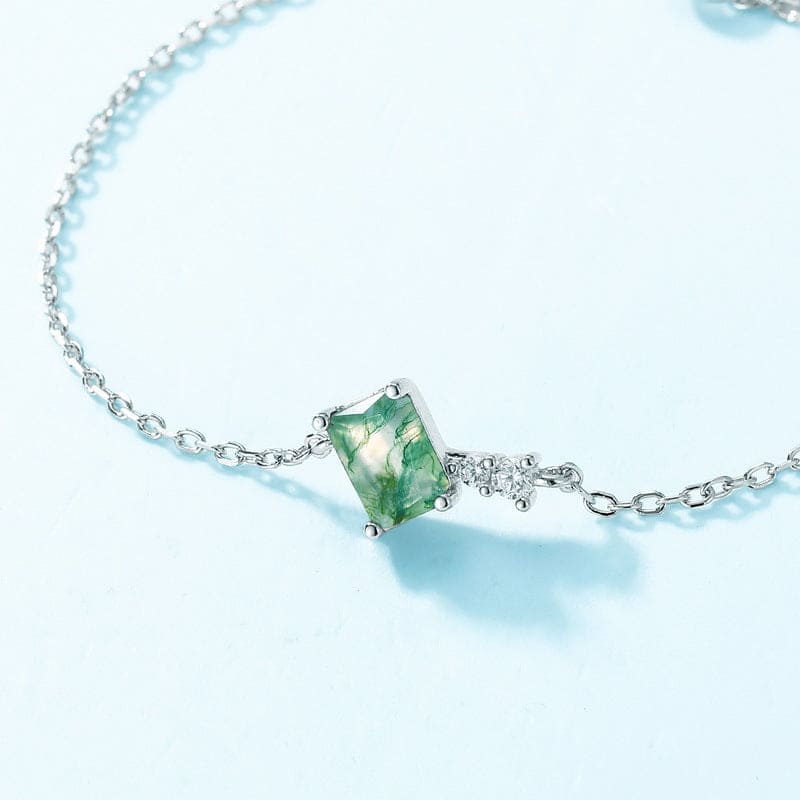 Bracelet de charme en agate mousse naturelle taille carrée - Argent Sterling S925