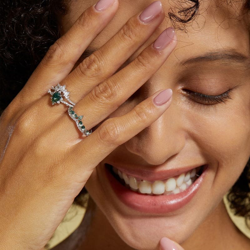 Ensemble Bague Argent S925, Agate Mousse, Diamant Marquise, Coupe Kite Givrée