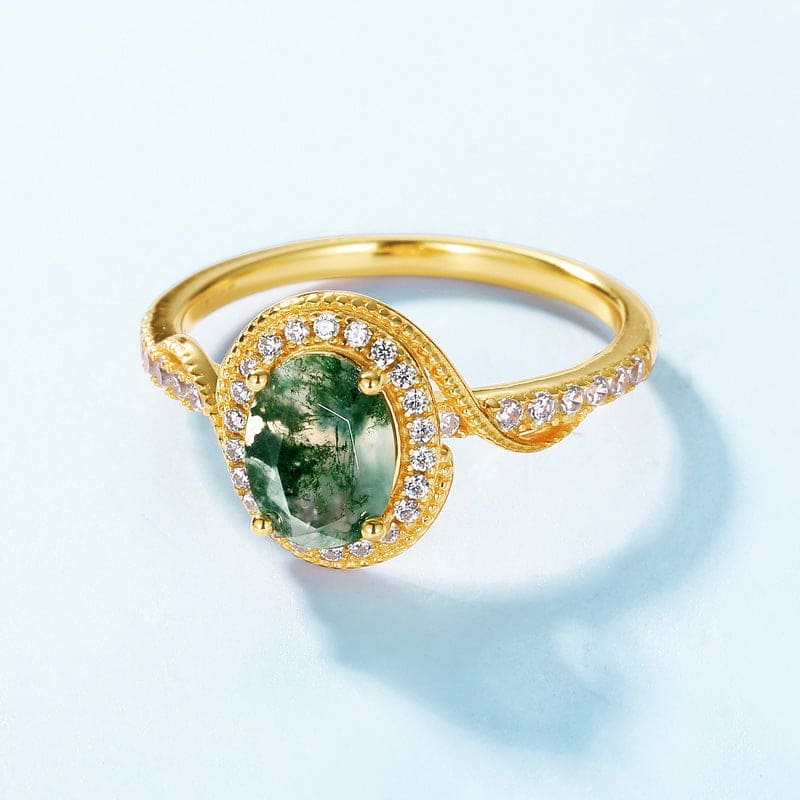Halo Ovale Agate Mousse Naturelle Pavée Or - Bague en Argent Sterling S925
