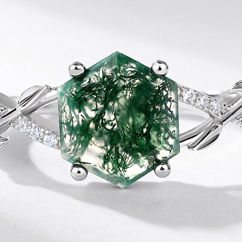 Bague hexagonale en agate mousse naturelle avec détail diamant - Argent Sterling S925