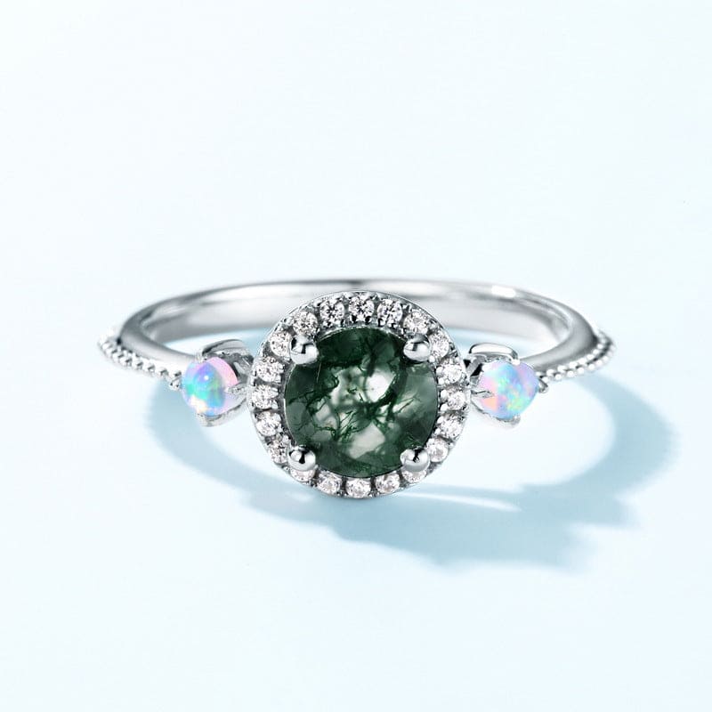 Halo Bague Ronde Agate Mousse Naturelle Opalescente - Argent Sterling S925