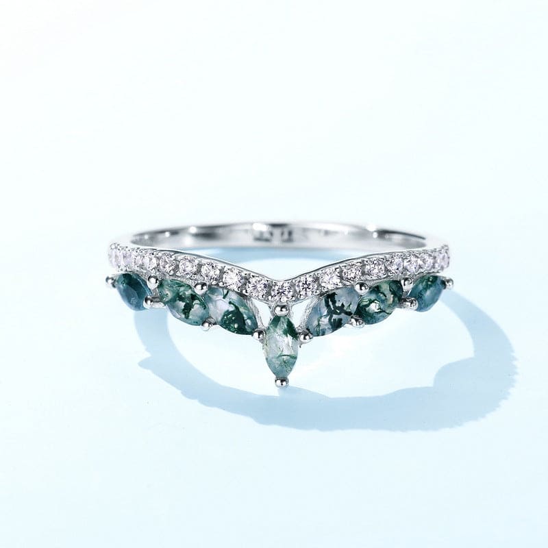 Bague Éternité Vague Agate Mousse Naturelle Diamant - Argent Sterling S925