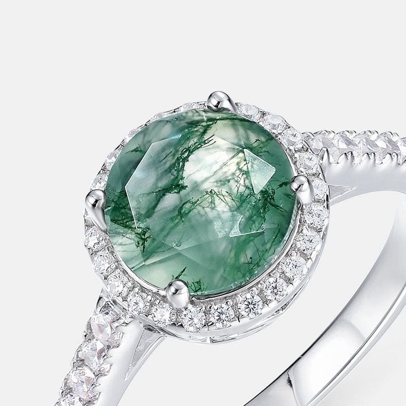 Bague ovale en agate mousse naturelle et diamants - Argent Sterling S925