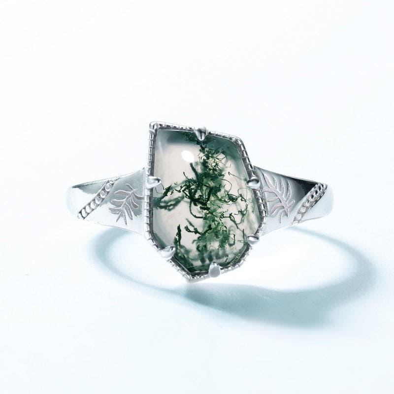 Bague coussin en agate mousse naturelle motif feuille - Argent Sterling S925