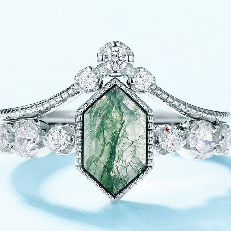 Bague Duo Agate Mousse Taille Cerf-Volant Sérénité & Diamant - Argent Sterling S925