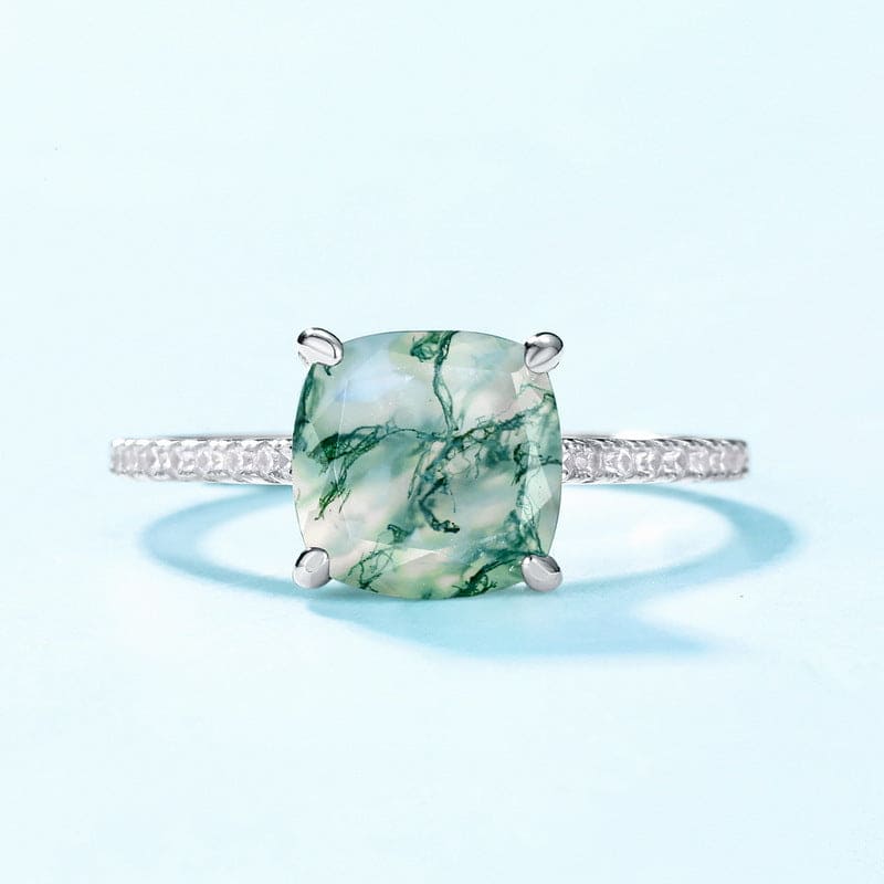 Bague pavée en argent sterling S925 avec agate mousse naturelle taille coussin