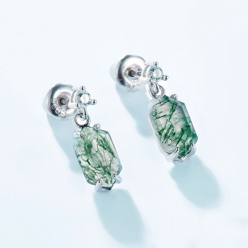 Boucles d'oreilles pendantes Agate Mousse Naturelle Coupe Tonneau - Argent Sterling S925