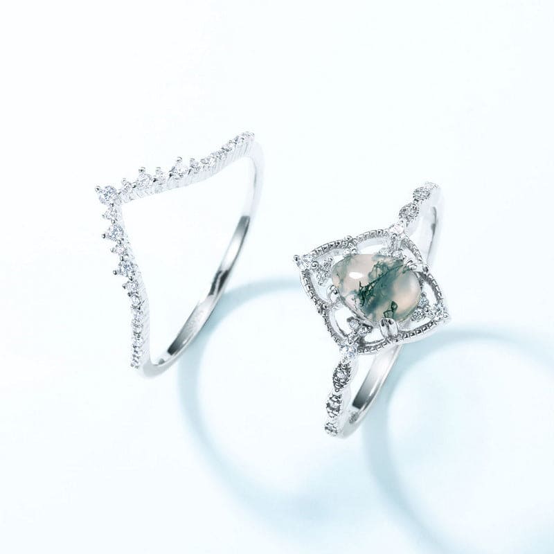 Ensemble de bagues ovales en agate naturelle incrustées de diamants - Argent Sterling S925
