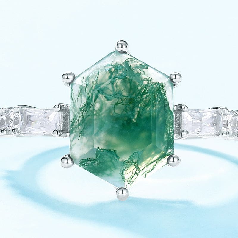 Bague accentuée baguette en agate mousse naturelle hexagonale - Argent Sterling S925