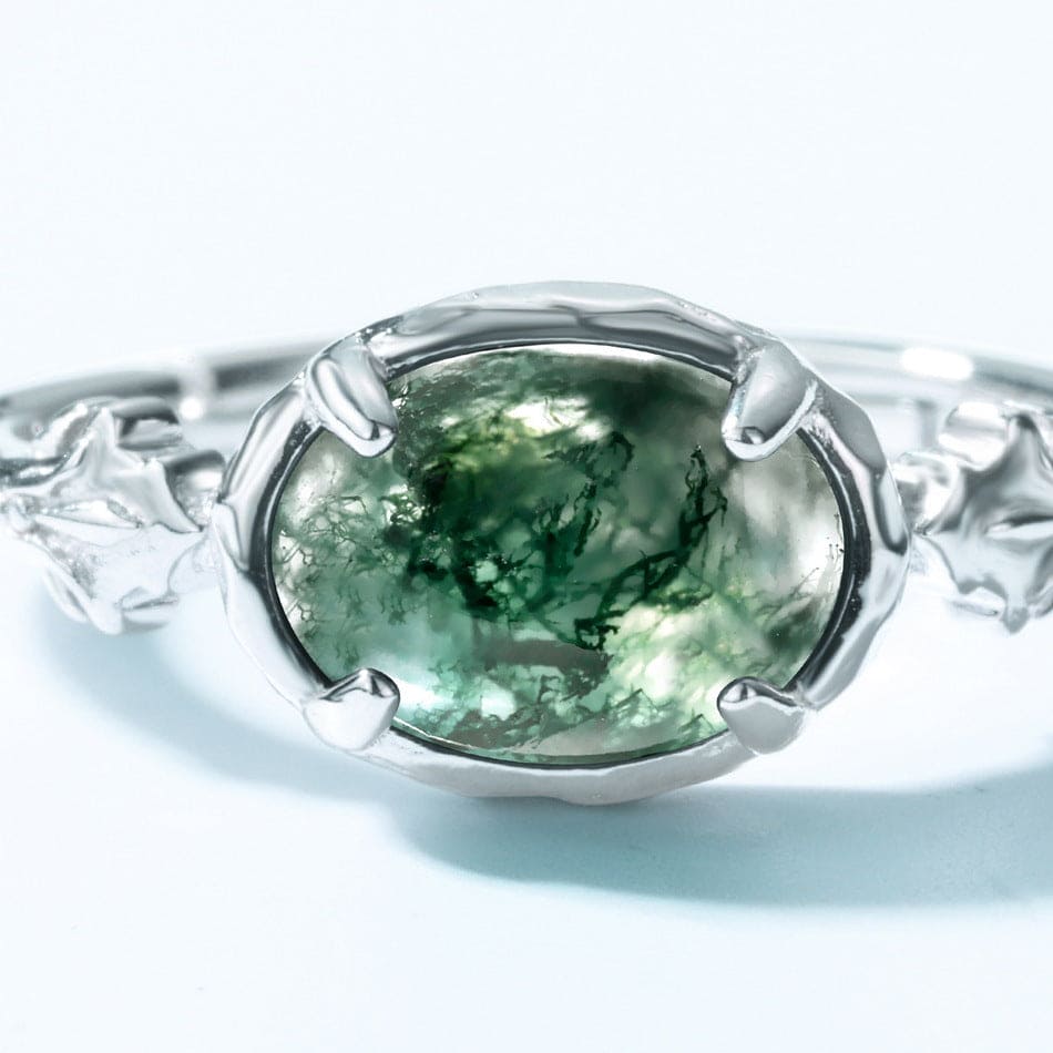 Bague ovale en agate mousse naturelle gravée feuille - Argent Sterling S925