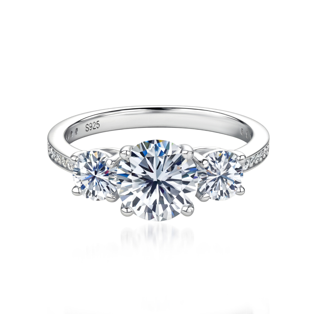 Bague Moissanite 3 pierres, taille ronde, 2CT