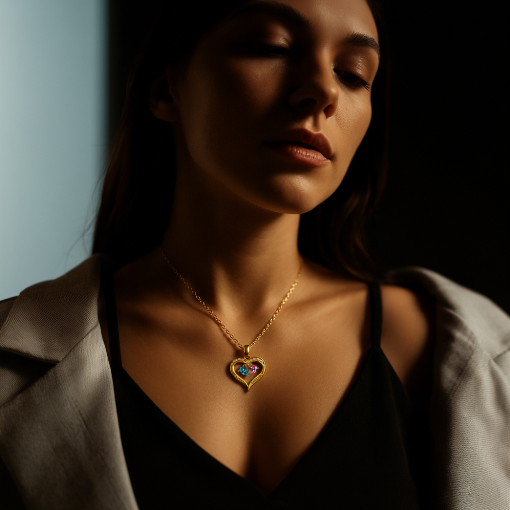 Magnifique épouse | Collier cœur personnalisé 2 pierres de naissance