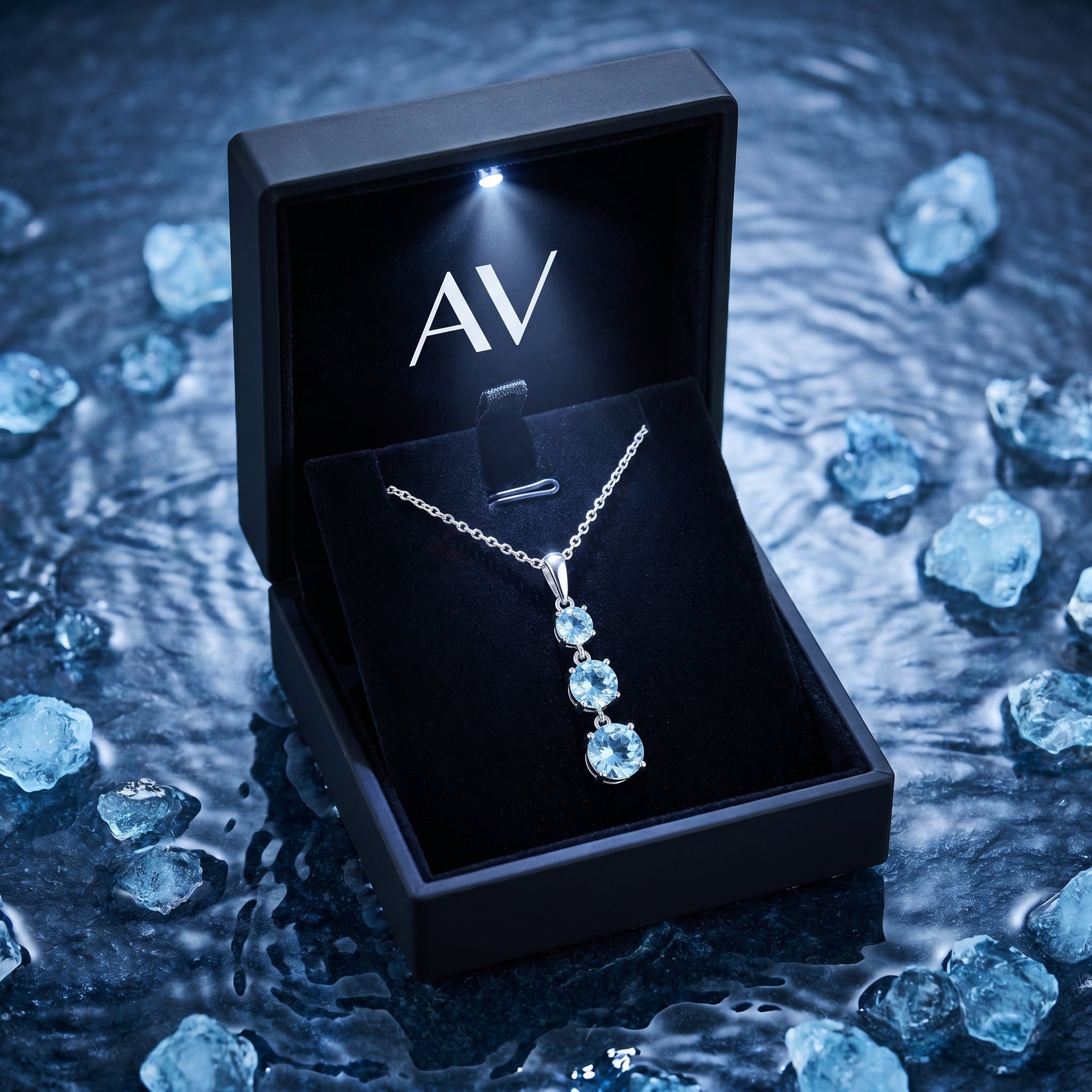 Graduated aquamarine necklace in platinum displayed in a black lighted jewelry box with the AV logo.