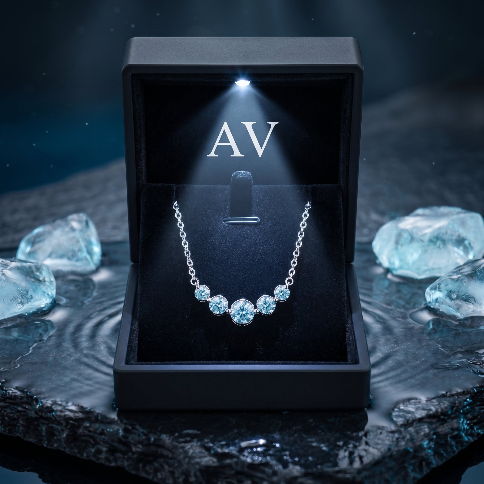 The Ephyra aquamarine necklace in platinum displayed inside a black lighted jewelry presentation box.