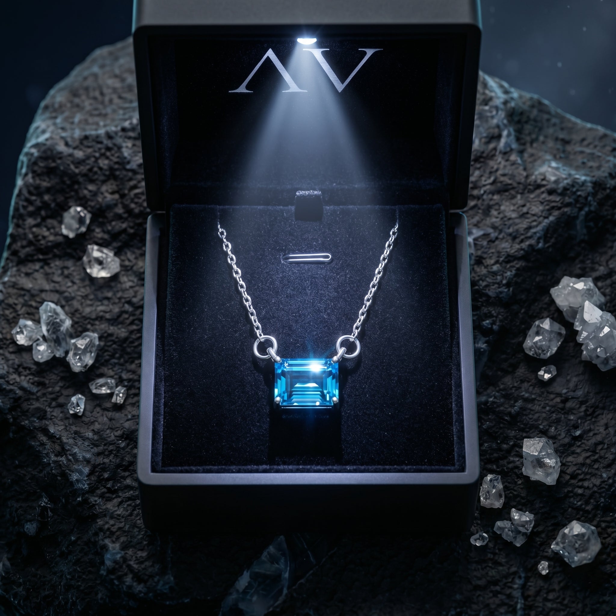 Emerald cut blue topaz necklace in white gold inside a lighted black presentation box on a dark rock.