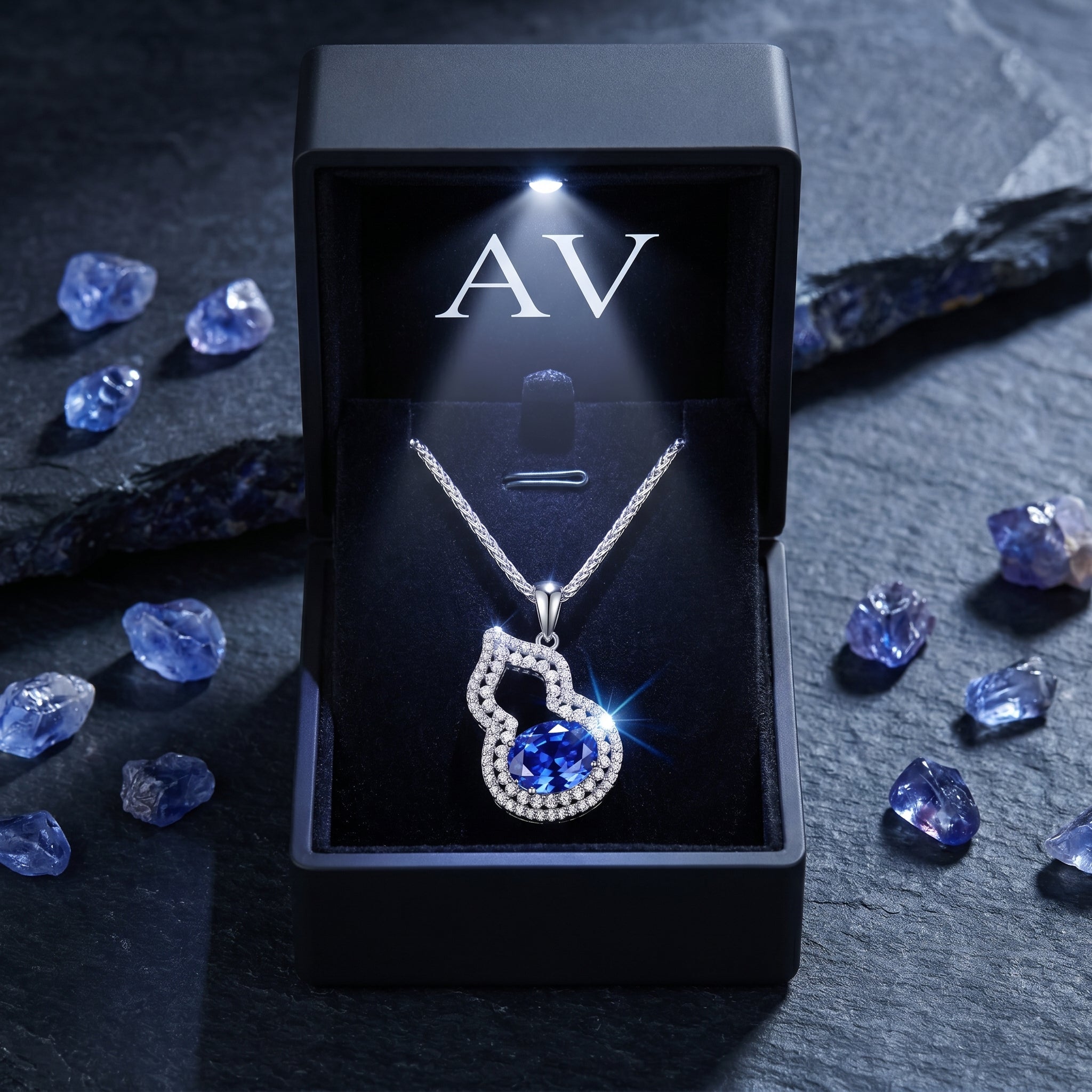 Natural tanzanite halo necklace presented in a luxury black LED-lit jewelry box with raw tanzanite accents.