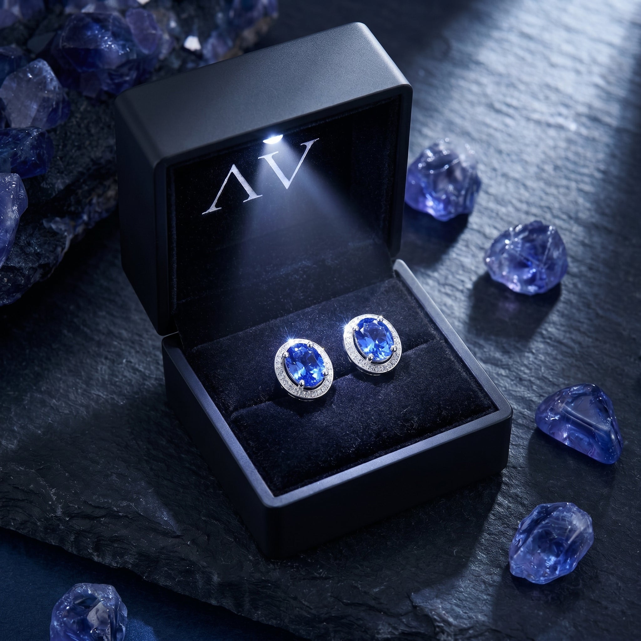 Oval natural tanzanite and diamond stud earrings in 18K white gold inside a black LED-lighted jewelry box.