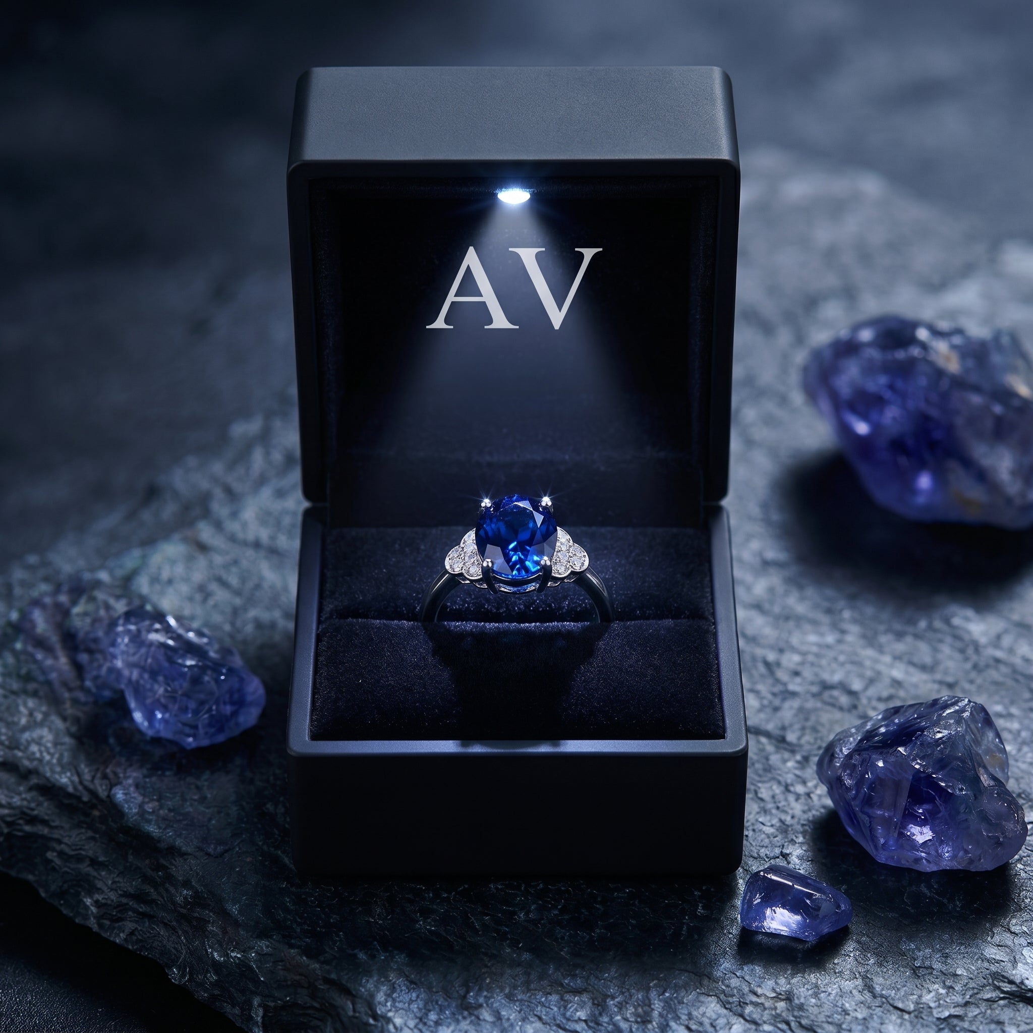 The Kaelani tanzanite ring in 18K white gold displayed in a lighted black gift box with raw crystals.
