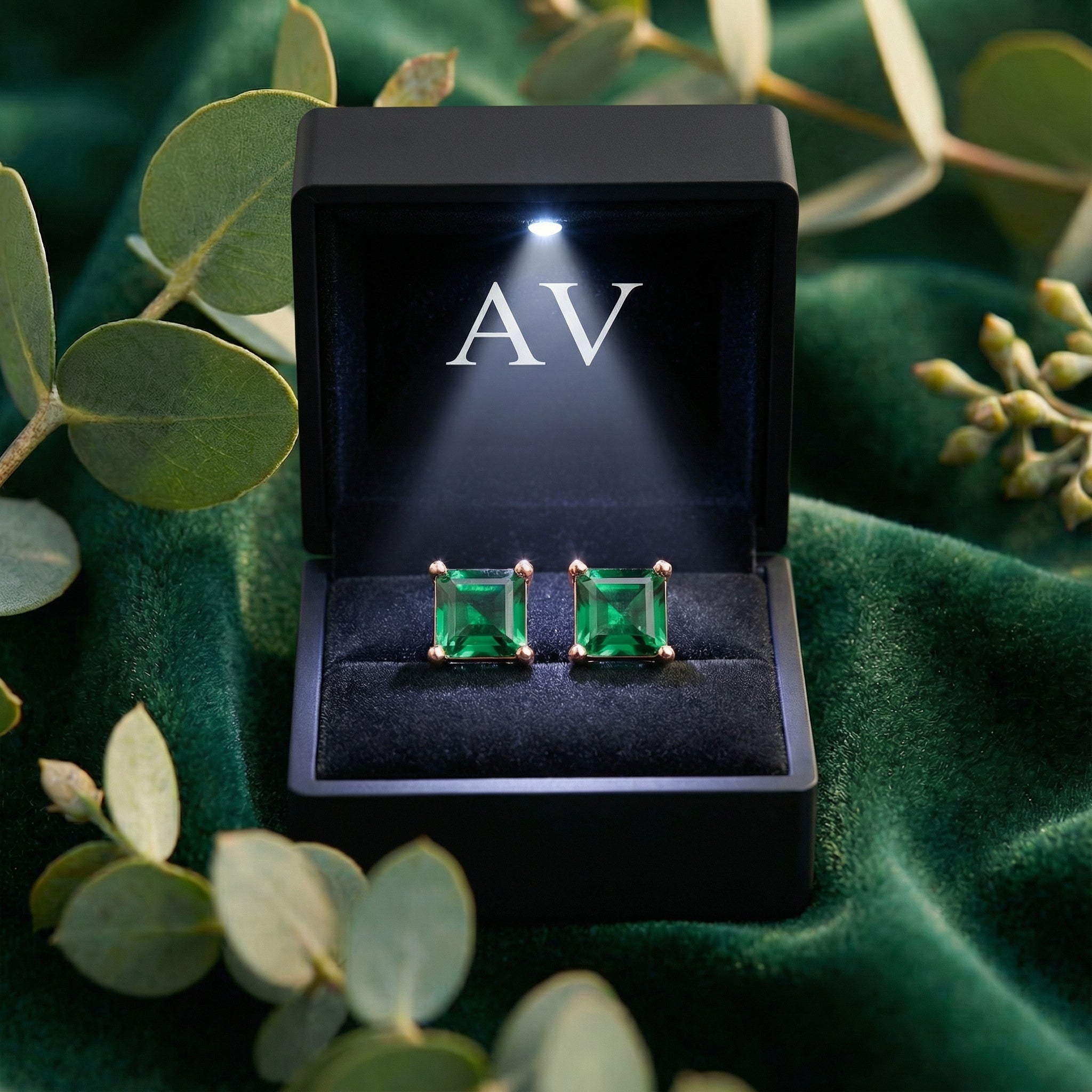 Square-cut simulated emerald earrings in 18K rose gold vermeil inside a lighted black branded gift box.