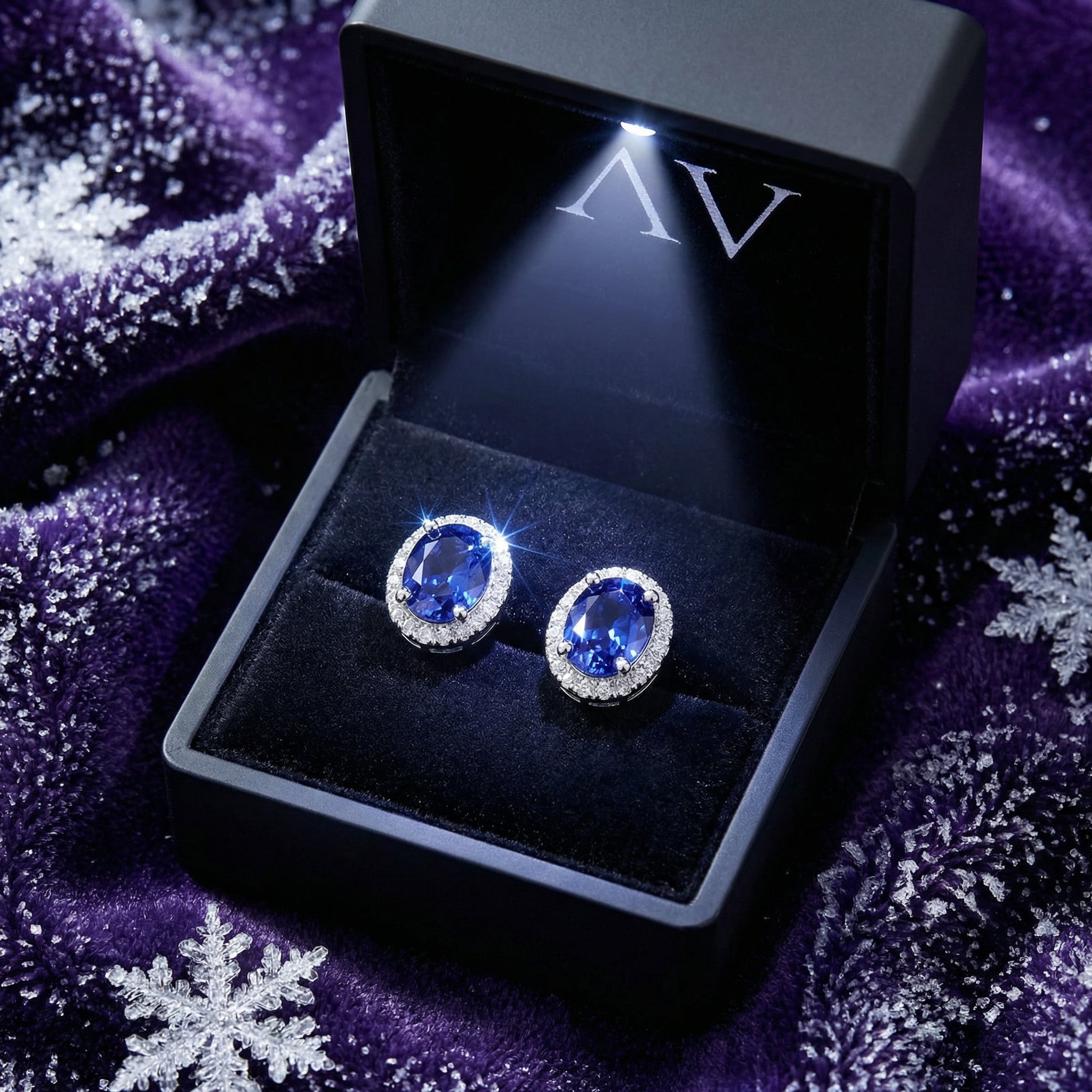 Oval simulated tanzanite halo earrings in sterling silver presented in a lighted black jewelry gift box.
