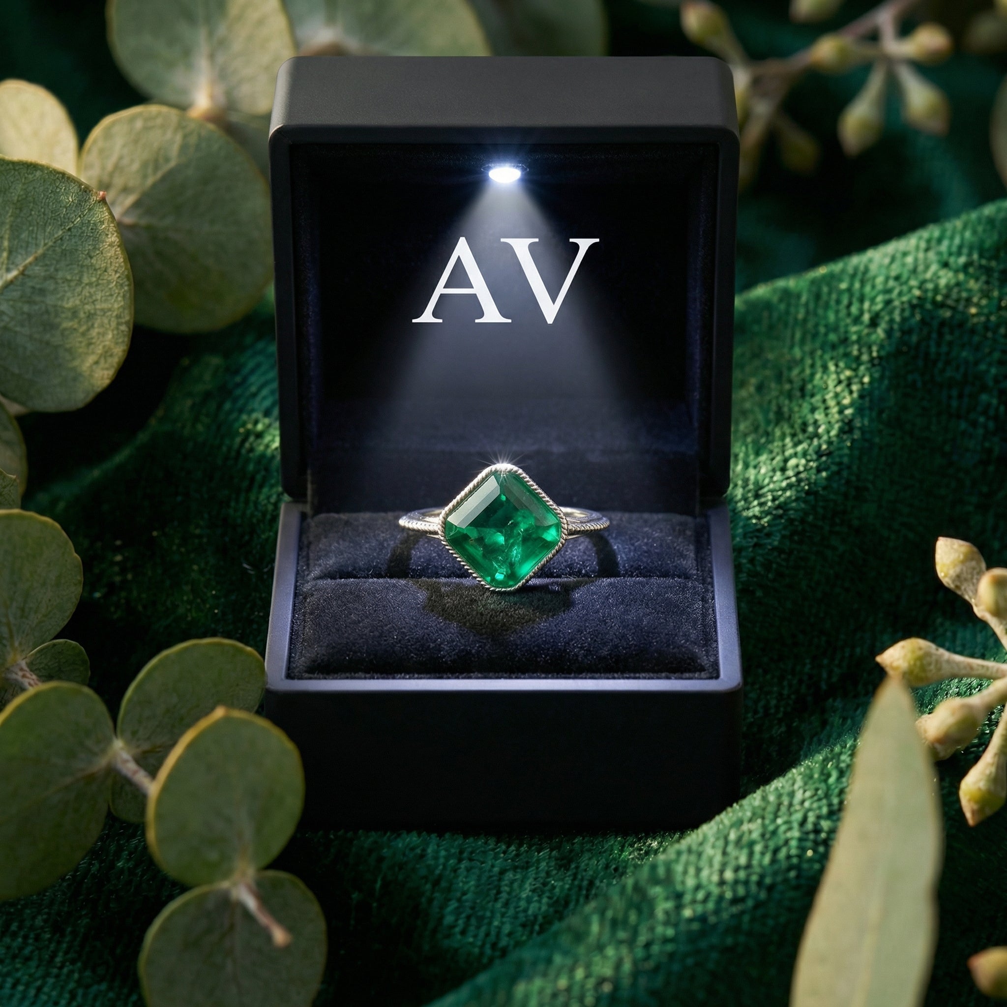 Square-cut simulated emerald ring inside a lighted black presentation box with AV logo.