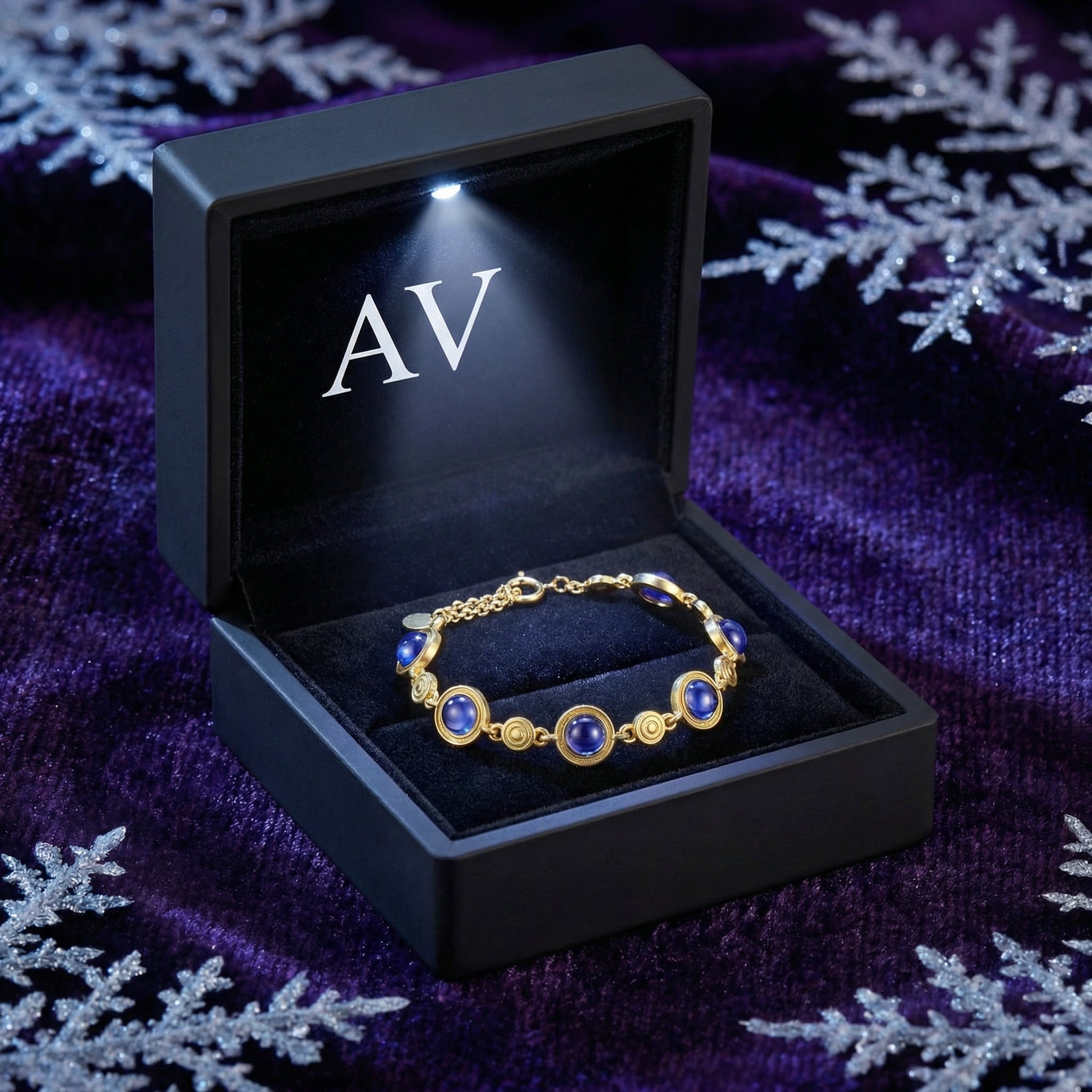 18K gold vermeil station bracelet with simulated tanzanite in a premium lighted black jewelry gift box.