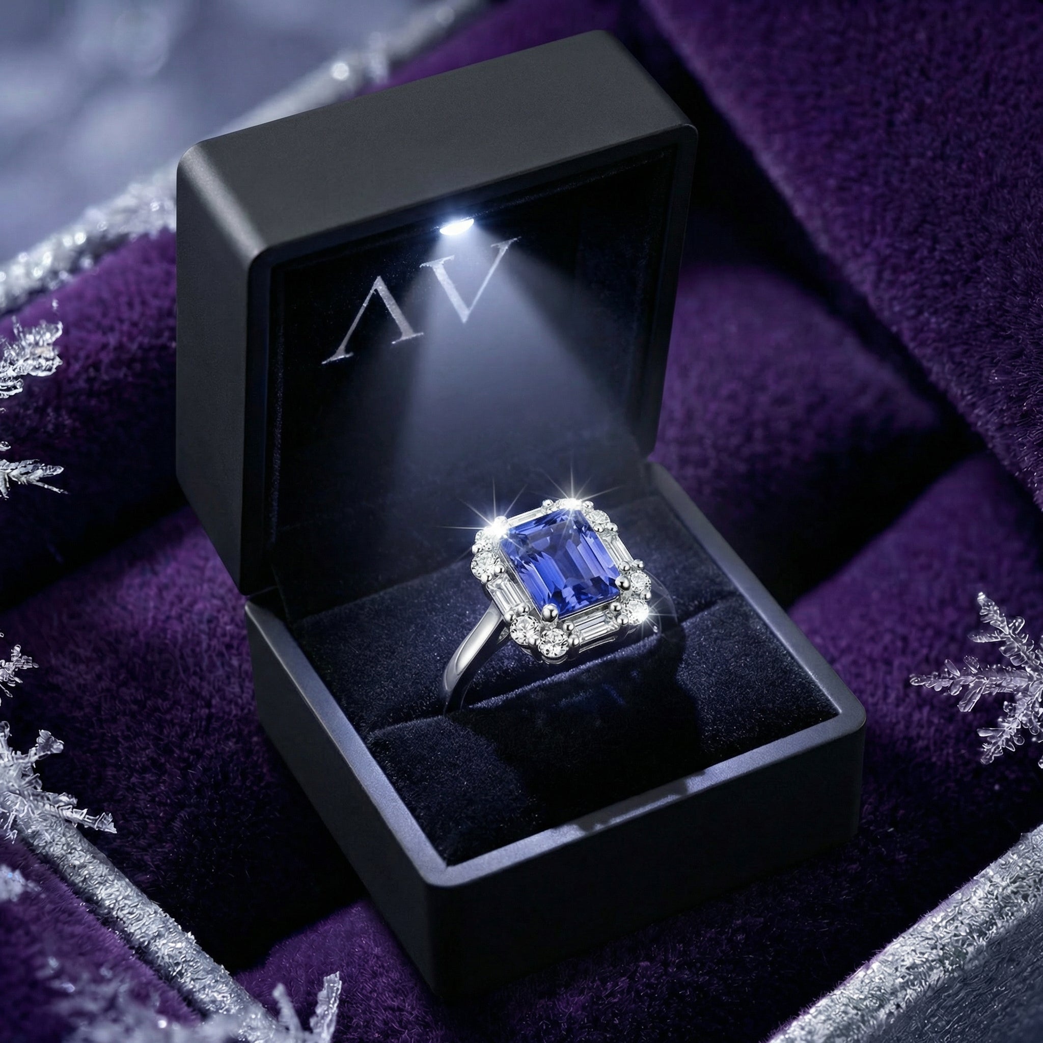 Emerald cut simulated tanzanite sterling silver ring in a black LED lighted gift box on purple velvet.