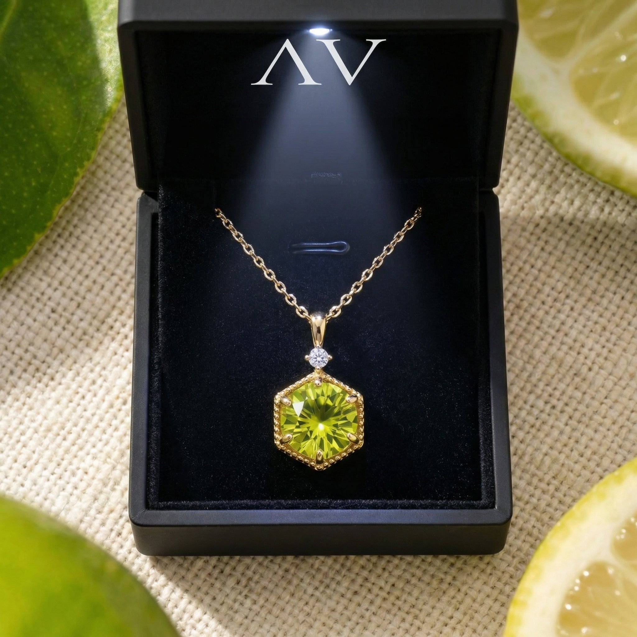 18K gold vermeil Belenis Hex necklace presented in a black lighted gift box on a lifestyle background.