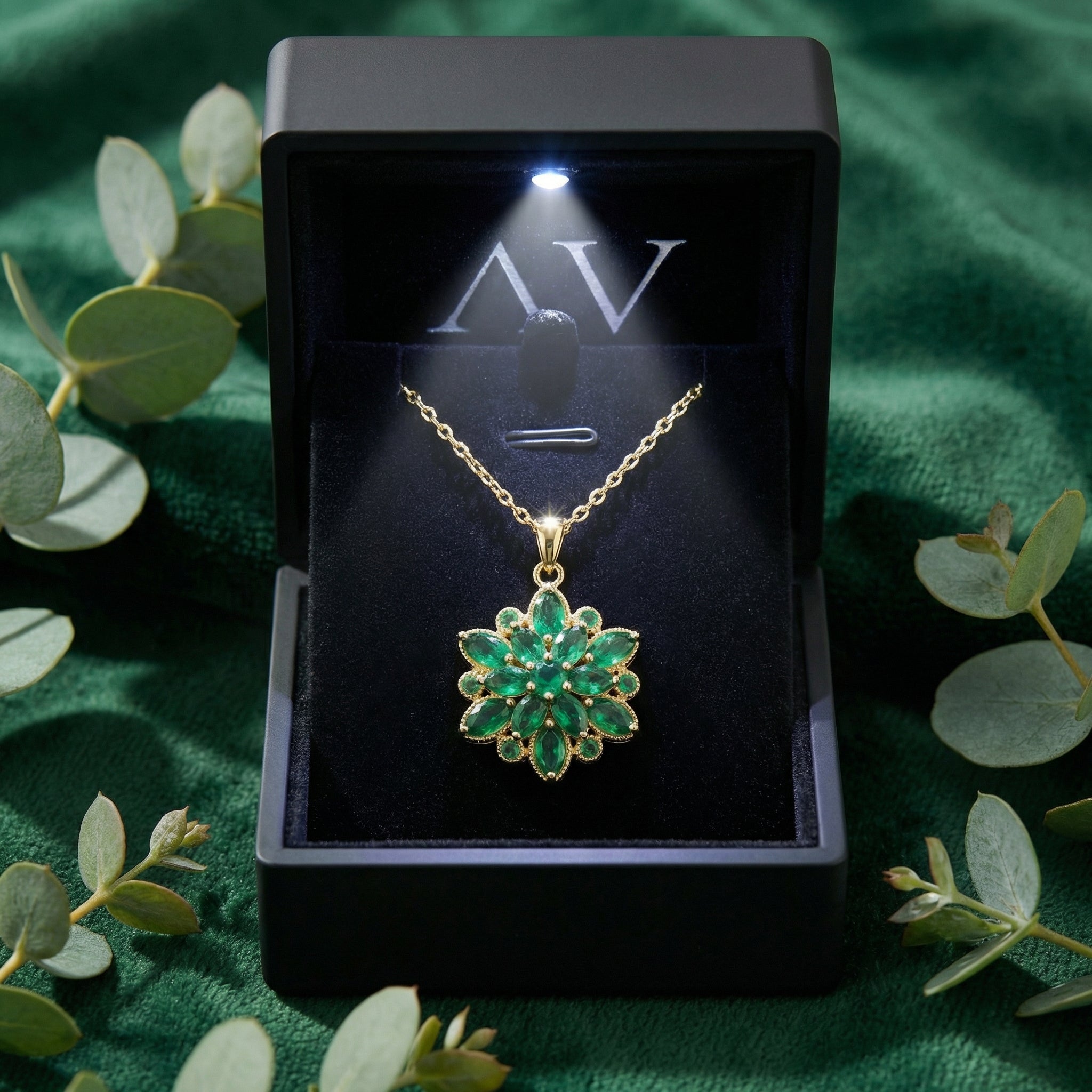 Gold-finished stainless steel simulated emerald flower necklace inside a black LED-lighted jewelry gift box.