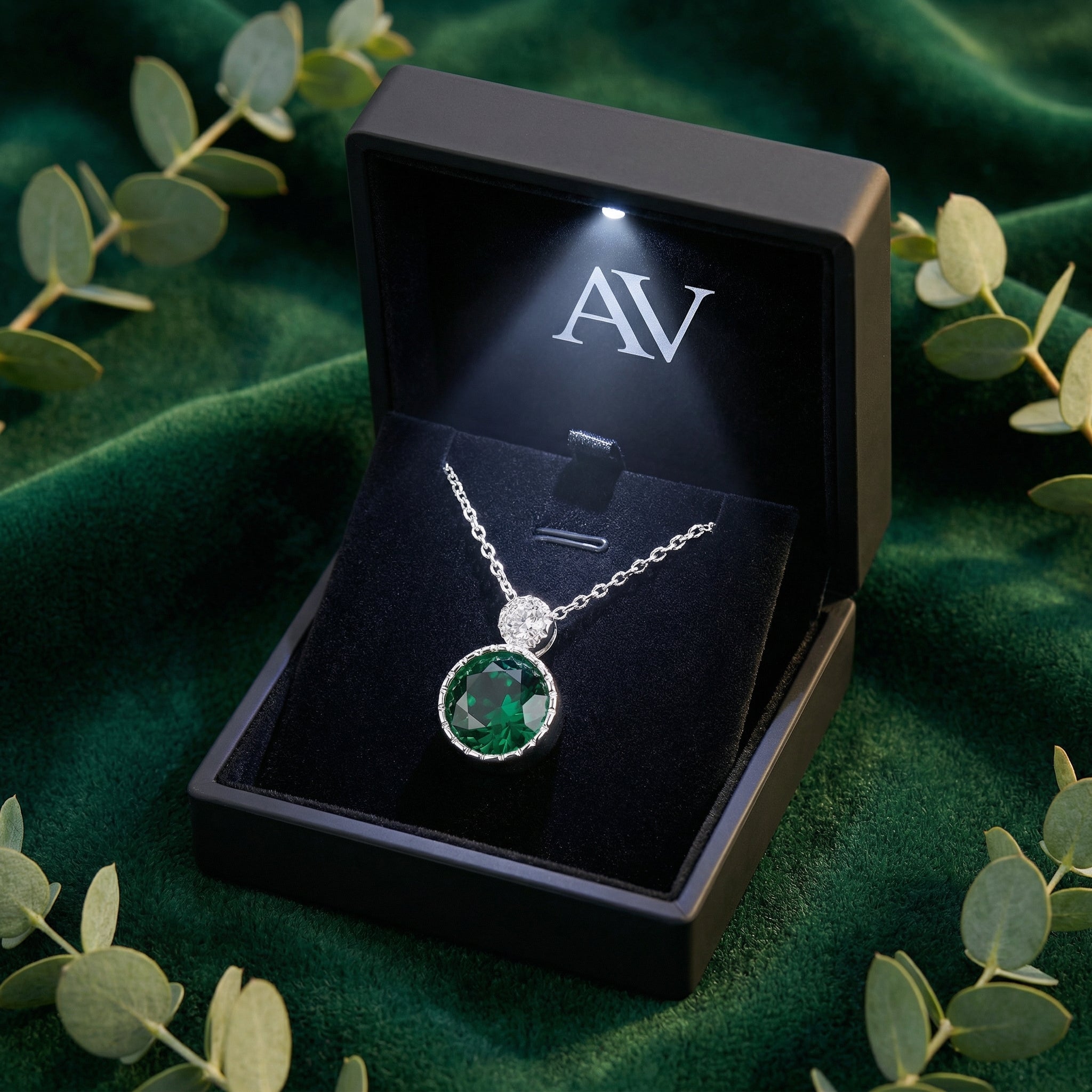Sterling silver simulated emerald drop necklace presented in a black LED-lit jewelry gift box.