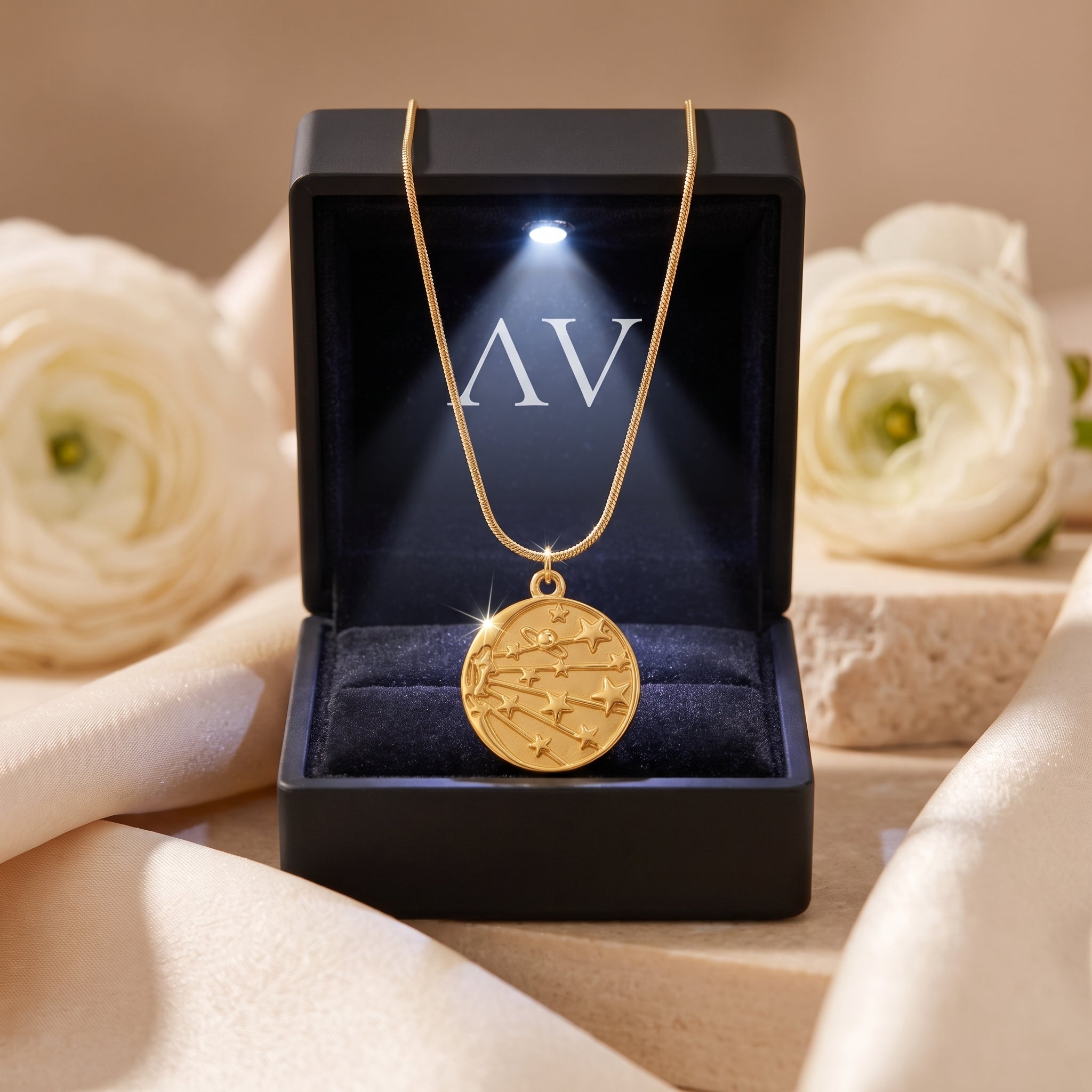 18K gold celestial medallion necklace in a black LED-lit jewelry gift box.