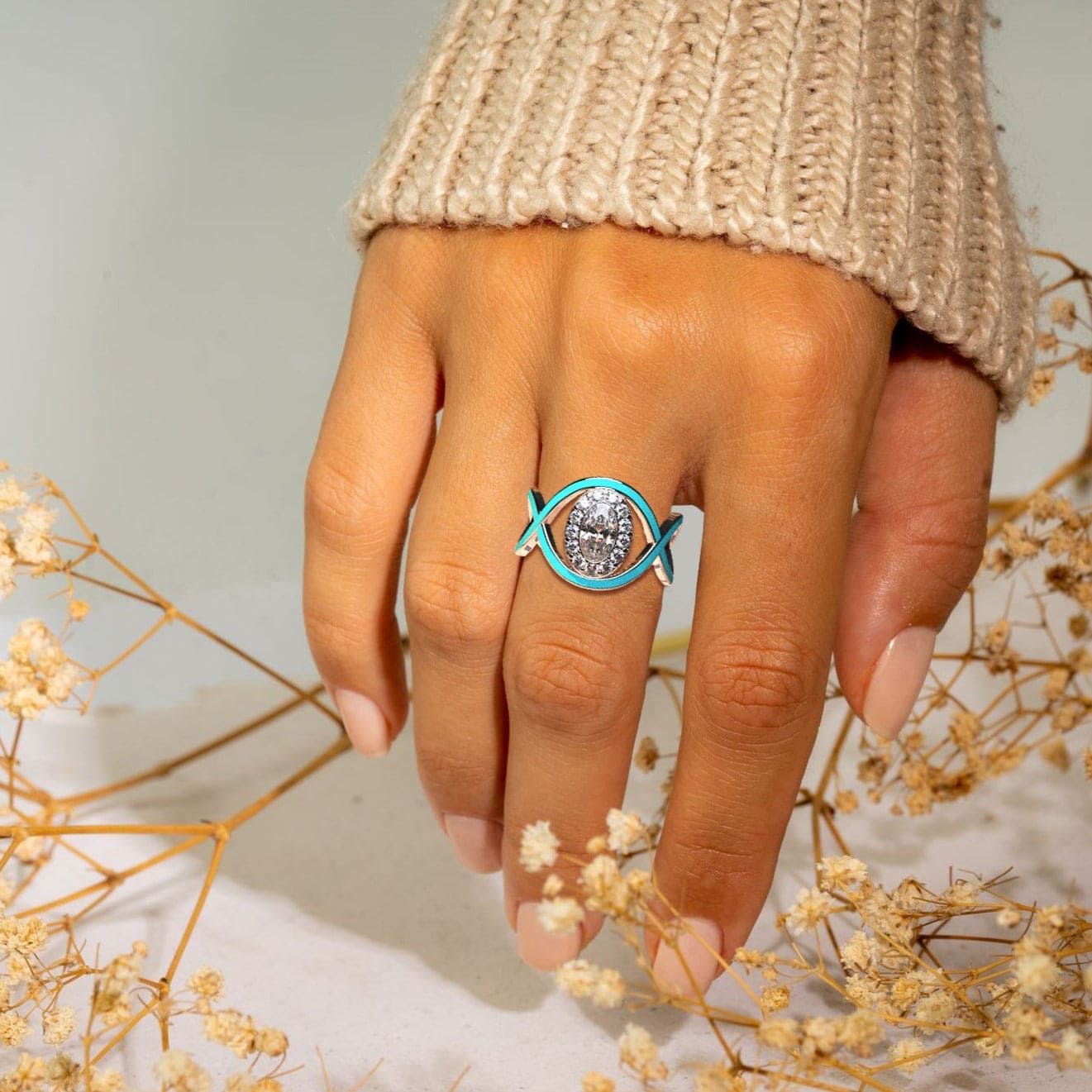 Turquoise Waves: Bague Diamant Taille Opale - Argent Sterling S925