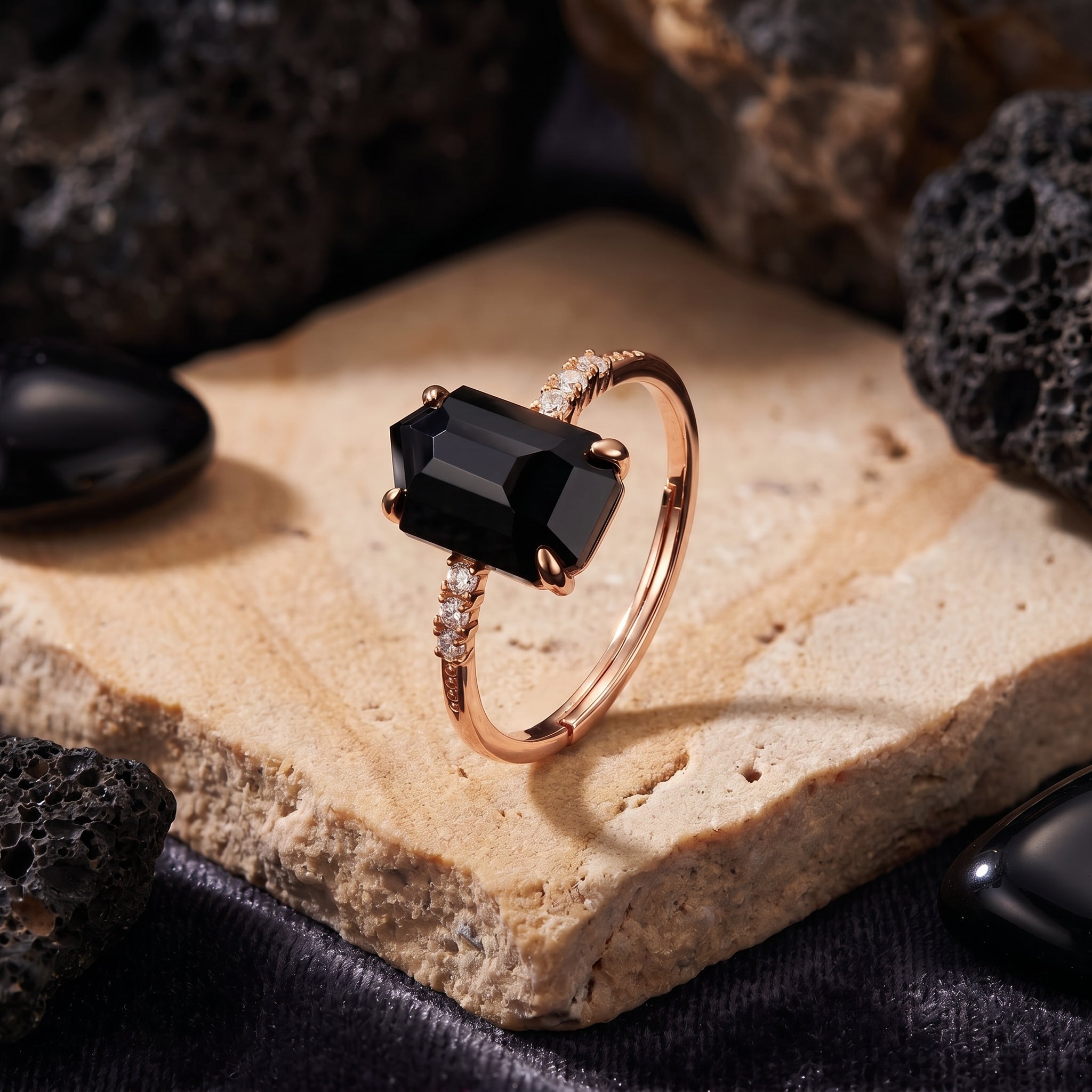 the-noctura-natural-onyx-ring in rose gold finish