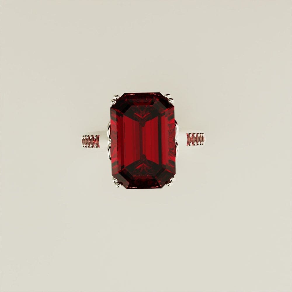 Red Dream: Bague sculptée rubis taille émeraude - Argent Sterling S925