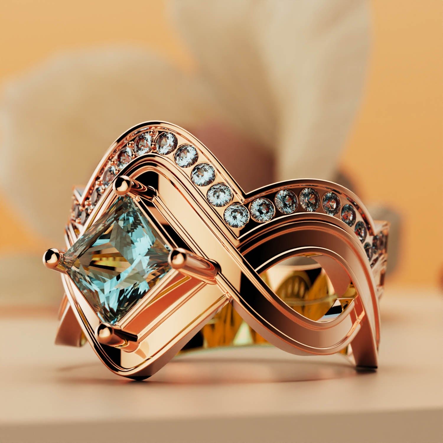 Aqua Elegance: Bague 2 Pièces Taille Princesse - Vermeil Or Rose 18K