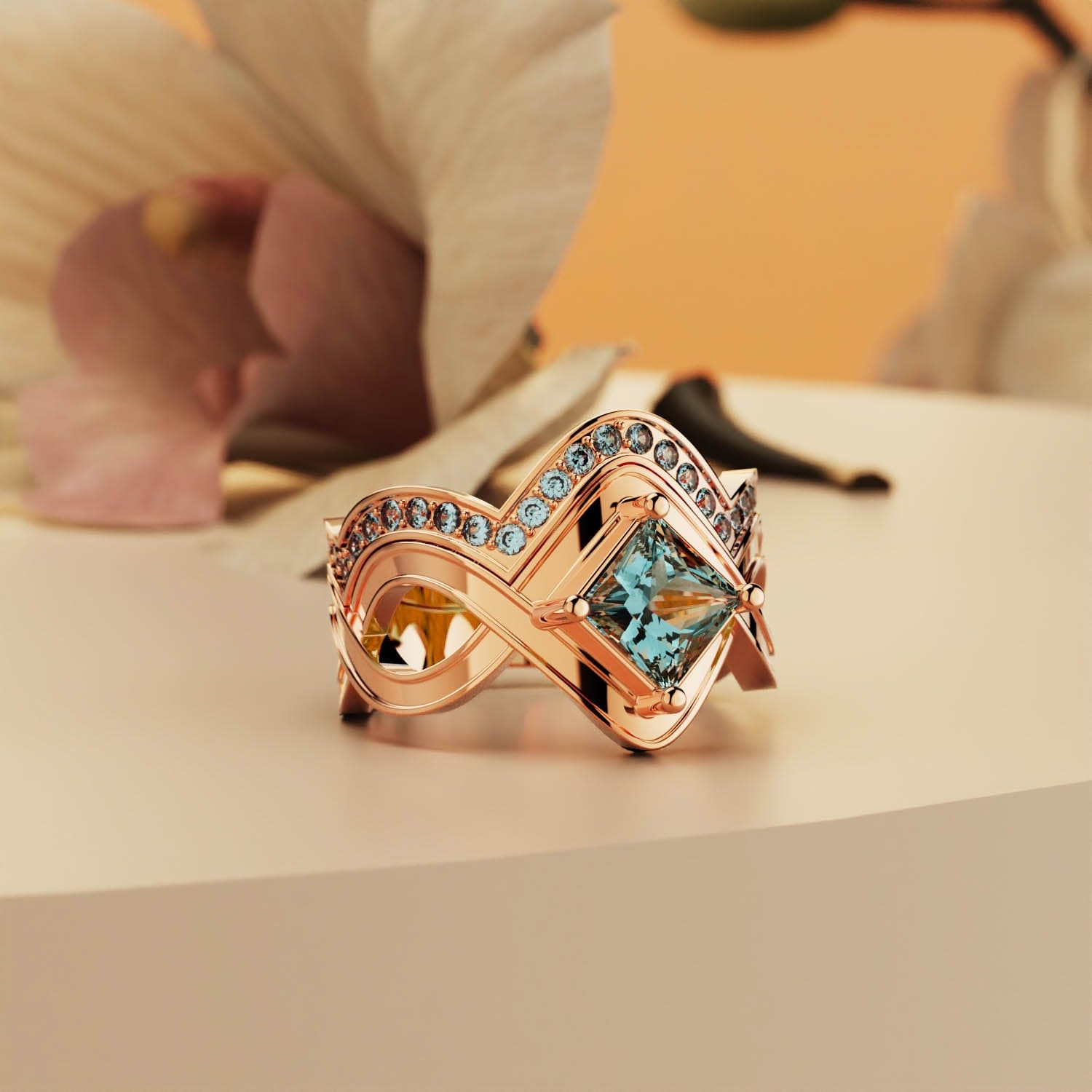 Aqua Elegance: Bague 2 Pièces Taille Princesse - Vermeil Or Rose 18K