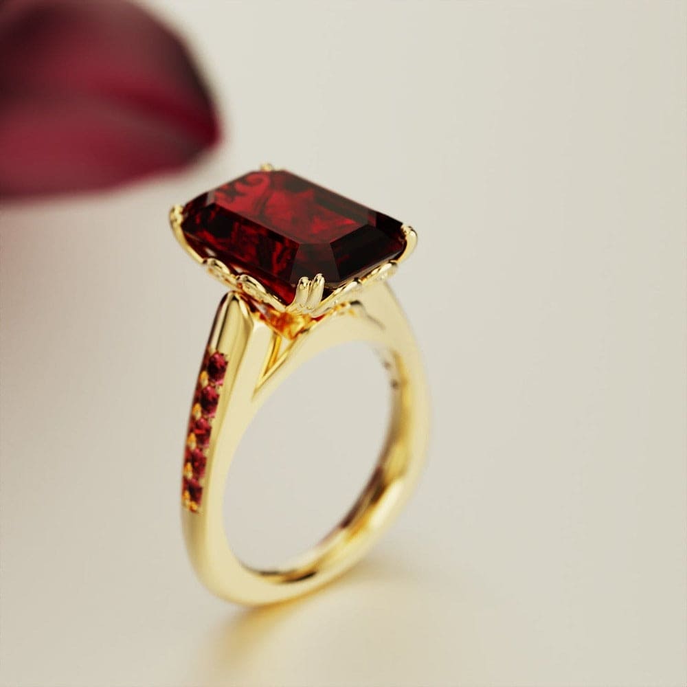 Red Dream: Emerald-Cut Garnet Sculpted Ring - 18K Gold Vermeil