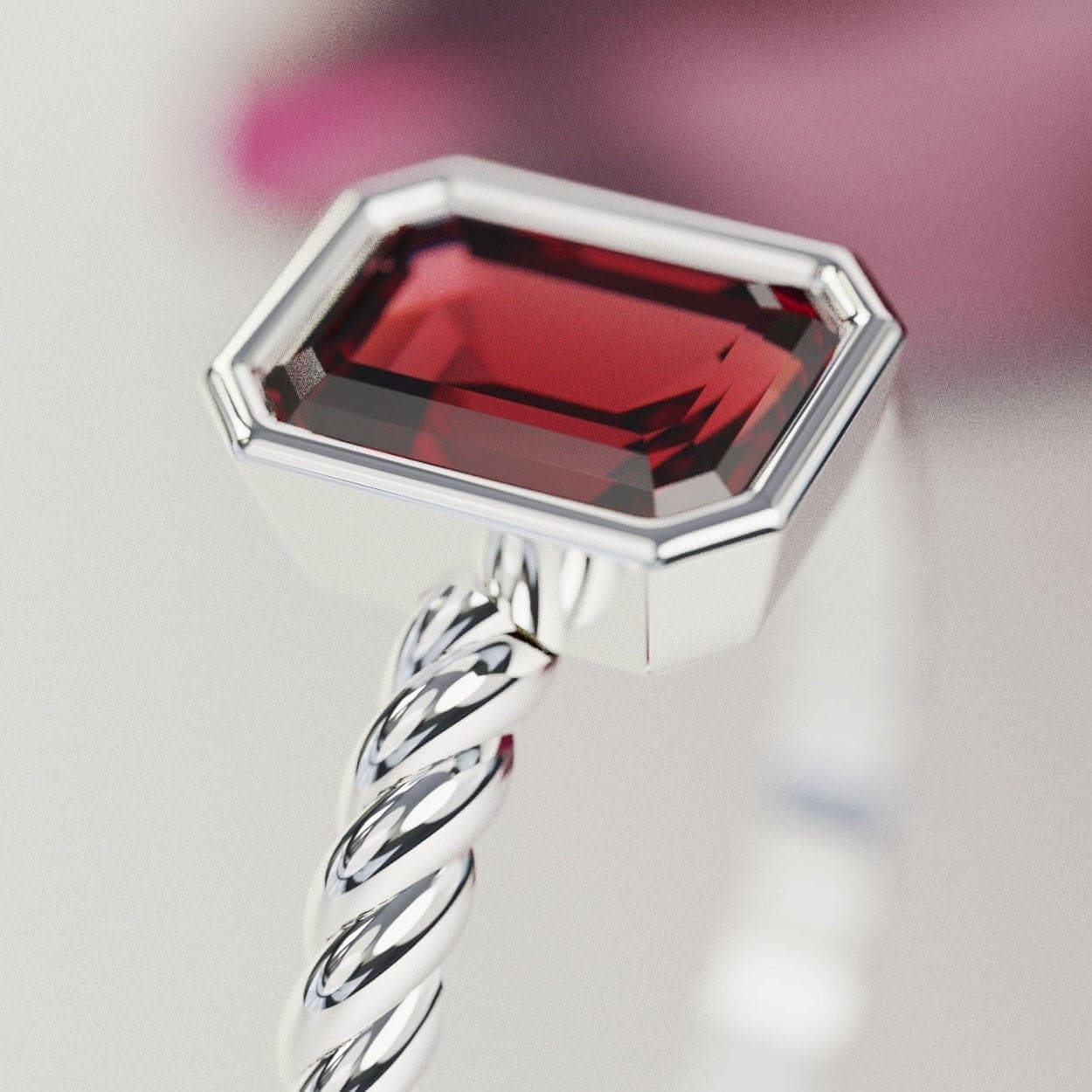 La Solitaire : Bague Grenat Taille Émeraude - Argent Sterling S925